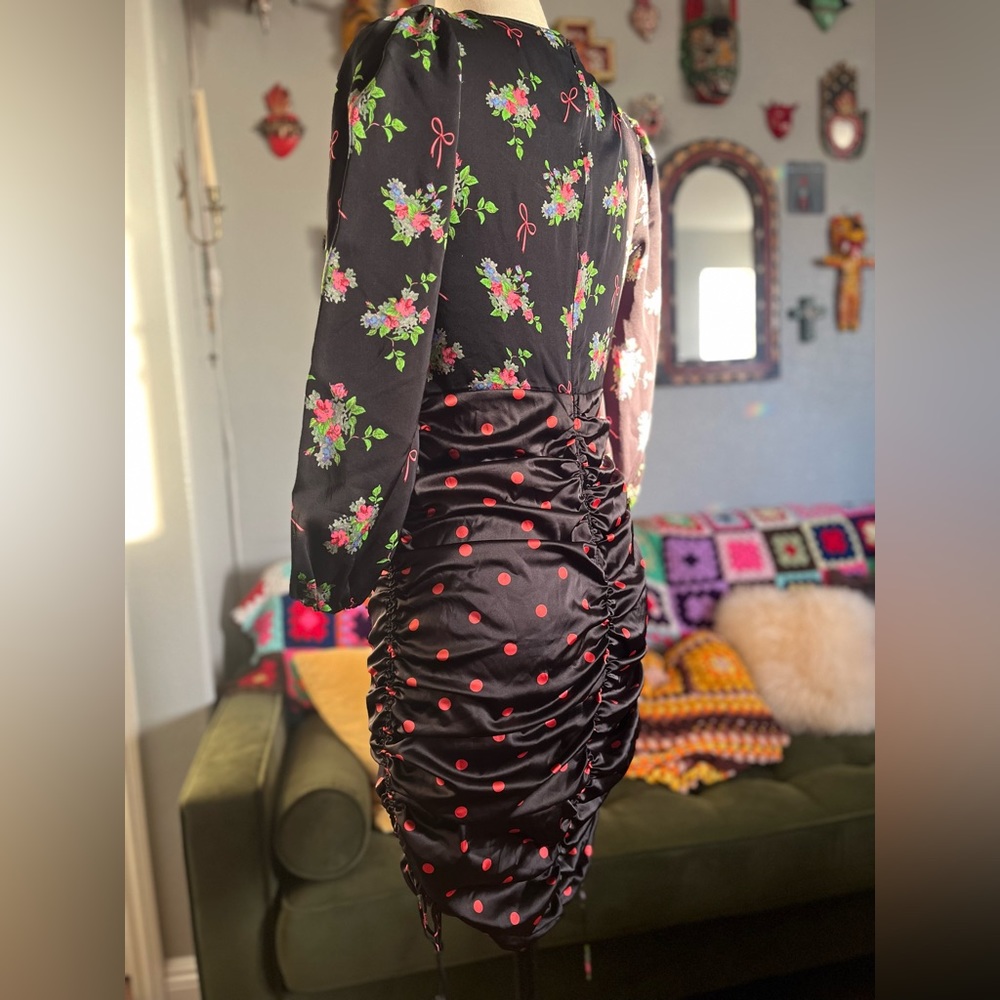 For Love And Lemons Black Floral Tie-Front Mini Dress with Pink Polka Dots - Picture 3 of 4